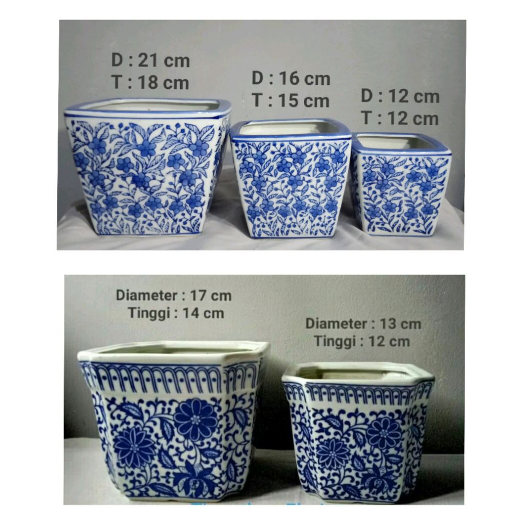 POT KERAMIK IMPOR TEBAL MOTIF BUNGA BIRU PUTIH