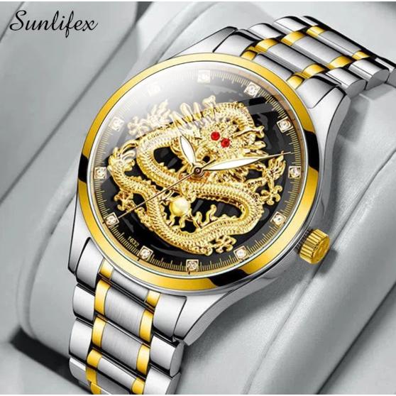 Sunlifex Jam Tangan Pria 9002 Naga Emas Stainless Steel Quartz Original Dragon Gold Kuning Jam Tanga