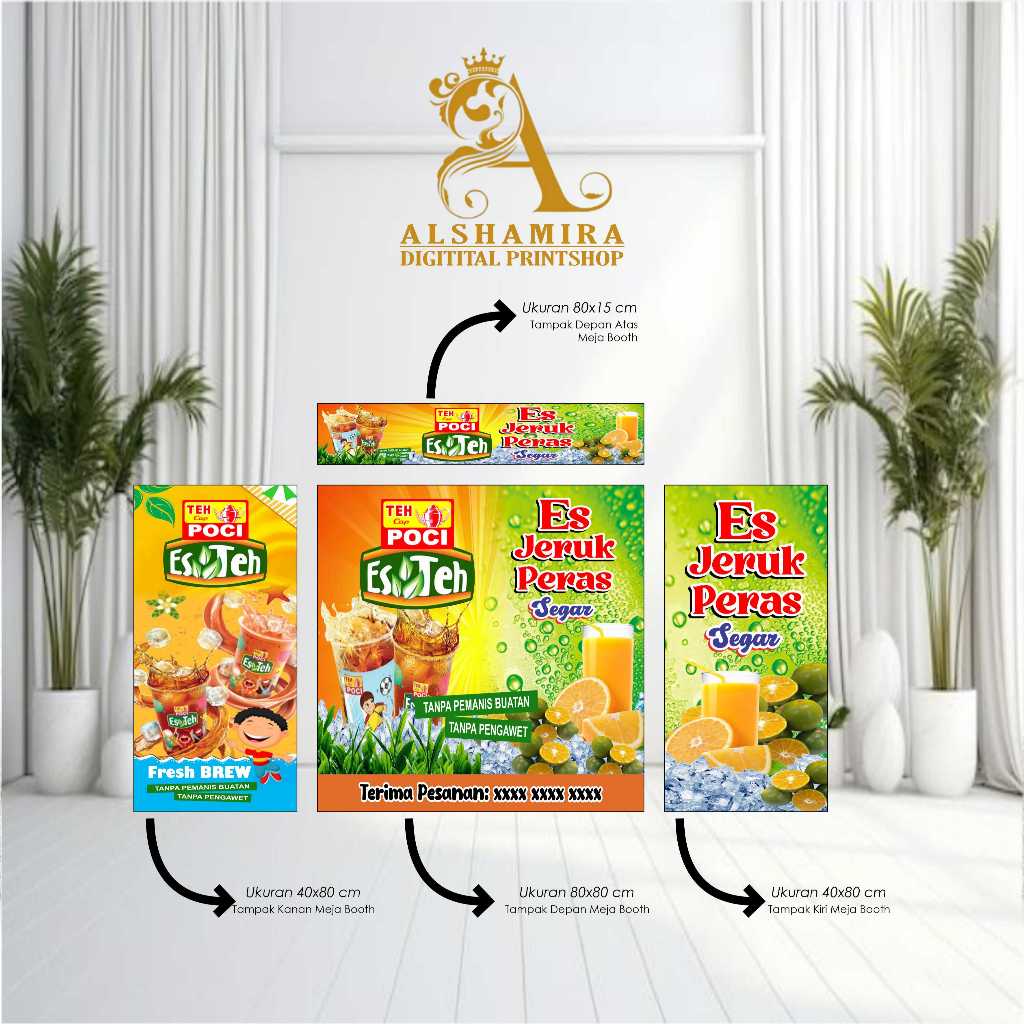 cetak spanduk banner paket hemat booth meja teh poci es jeruk peras custom desain