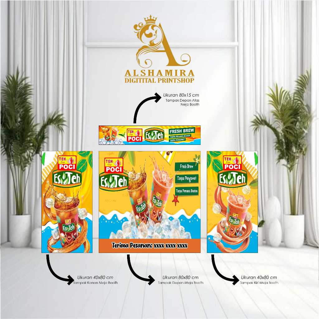 cetak spanduk banner paket hemat booth meja teh poci model oren custom desain