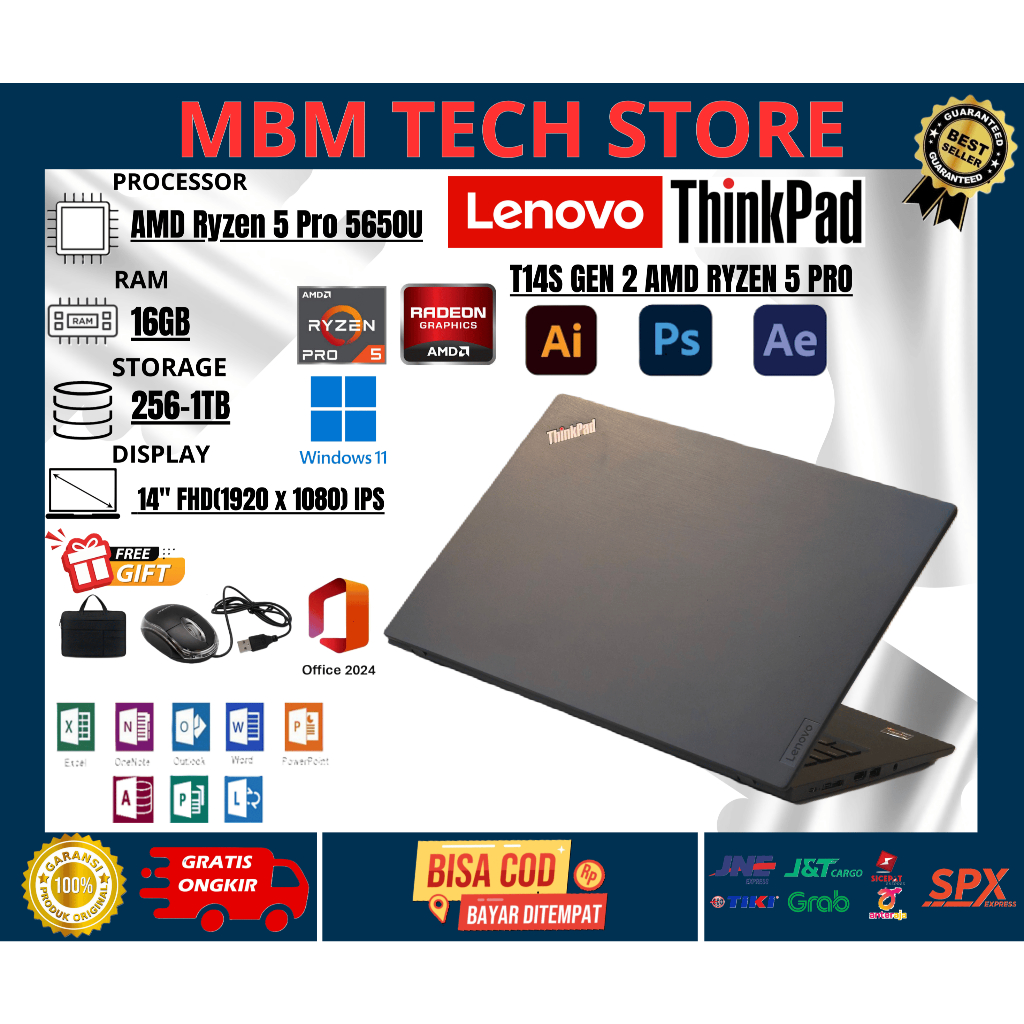 LAPTOP LENOVO THINKPAD T14S GEN 2 RYZEN AMD 5 PRO 5650U 16GB/1TB SSD WINDOWS 11 FREE MOUSE DAN TAS