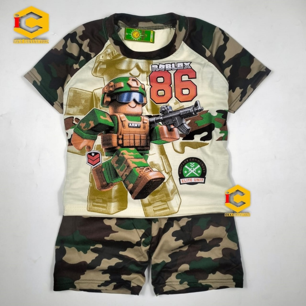 Setelan Baju Anak Roblox Army | Kaos + Celana Anak Laki-Laki | Motif Loreng Tentara