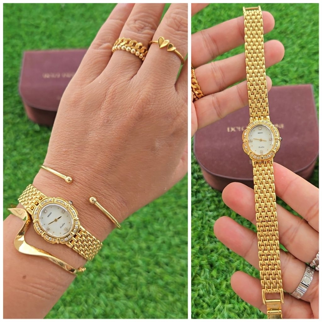 Ultra Rare Seiko Exceline 5A50-5190 Ladies Quartz Vintage Watch with Diamond Petal MOP Dial and Gold