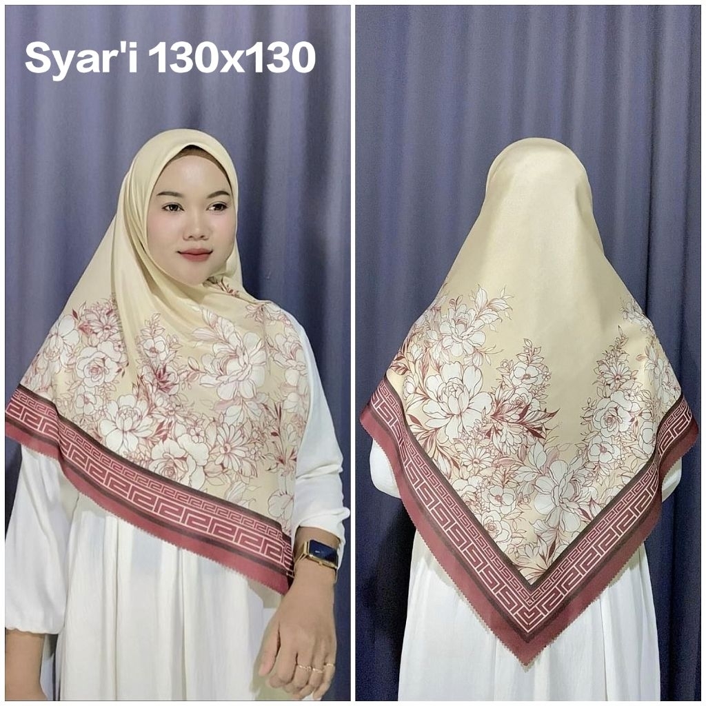 HIJAB SEGI EMPAT SYAR'I JUMBO VOAL MOTIF BUNGA CREAM LIS MAROON UK 130X130 SYARI