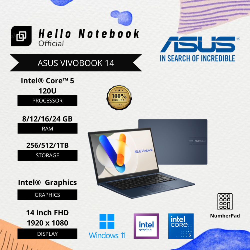 Laptop Baru Asus Vivobook 14 Intel Core 5 120U(Gen 14)  SSD