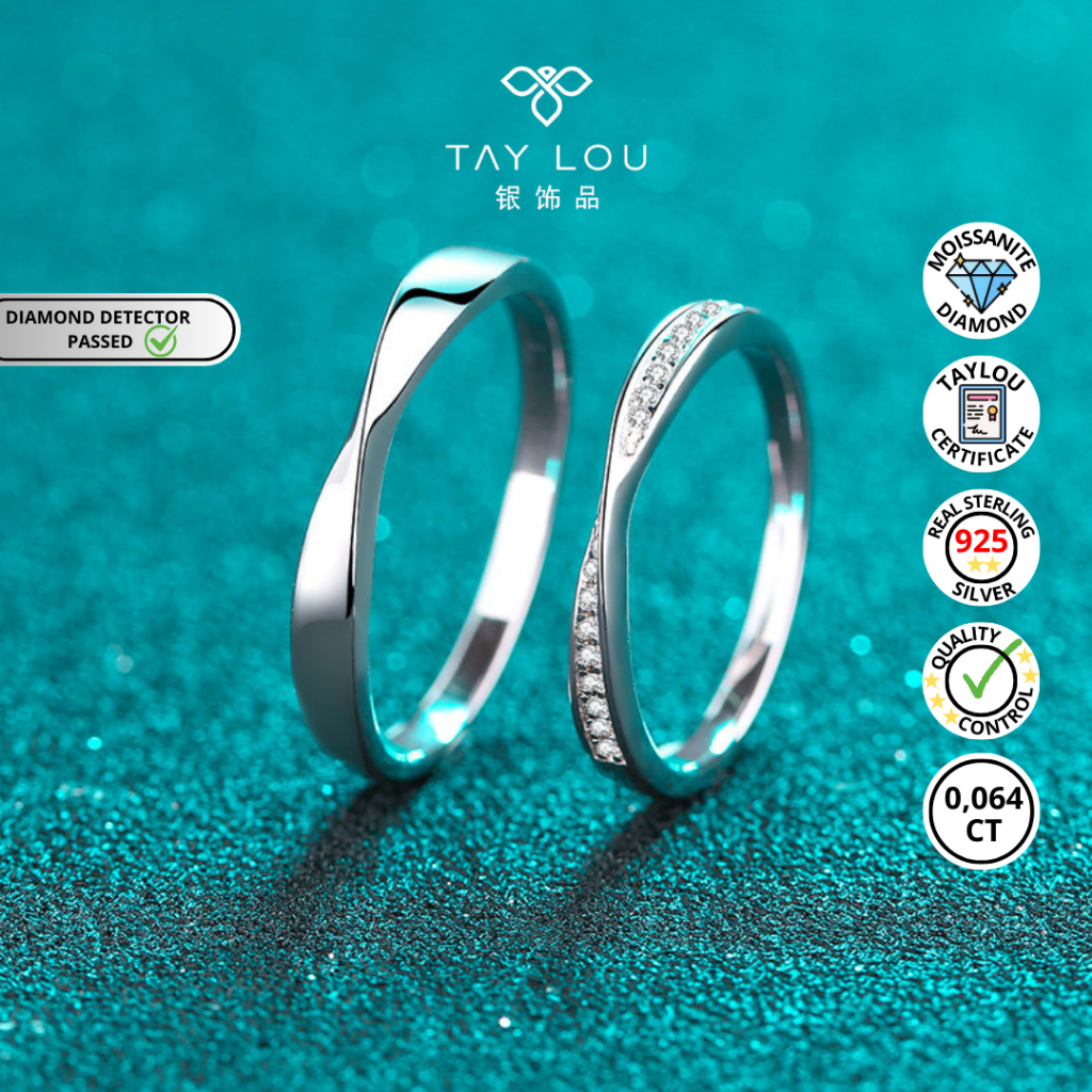 TAY LOU Aeris & Aera - Cincin Moissanite Wanita Pria Lapis Emas Putih Perak 925 Sertifikat GRA Lulus