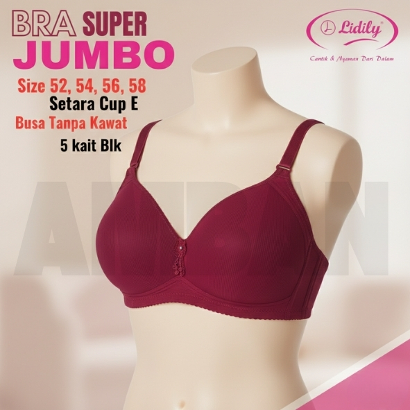 Lidily Bra Jumbo Cup E Tanpa Kawat Busa Kait 5 Size 52 54 56 58 BH Big Size Super Besar
