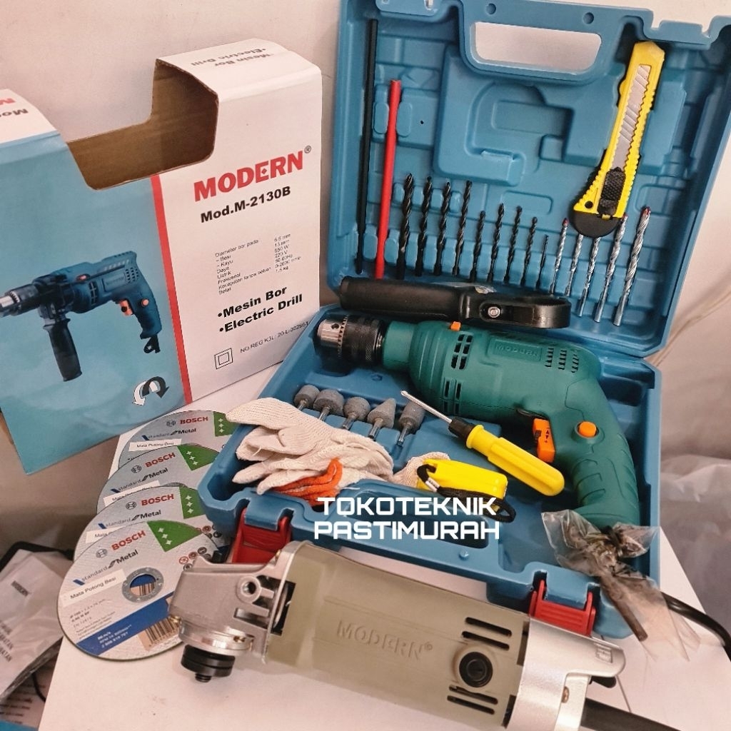 Paket Modern Hemat 2 - Mesin Bor Koper Modern M-2130B dan Mesin Gerinda M-2350B BONUS 4 batu bosch /