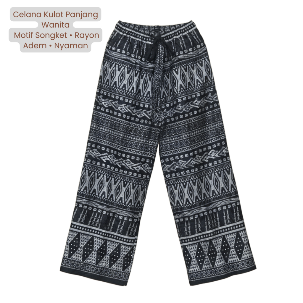 Celana Kulot Panjang Wanita Motif Songket Etnik | Rayon Adem | Pinggang Karet Tali