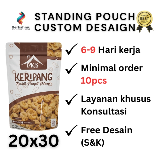 Custom Cetak Kemasan Standing Pouch Makanan Ukuran 20x30 Ziplock/Klip Full Printing, Min order 10pcs