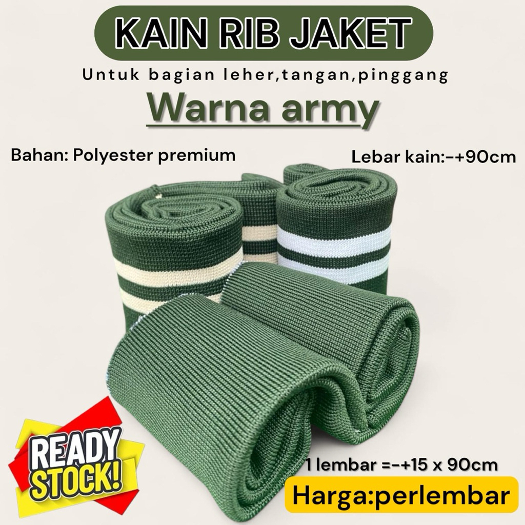 Kain Rib Bur poliester Hijau Warna Army polos salur tebal Elastis Premium Harga Perlembar