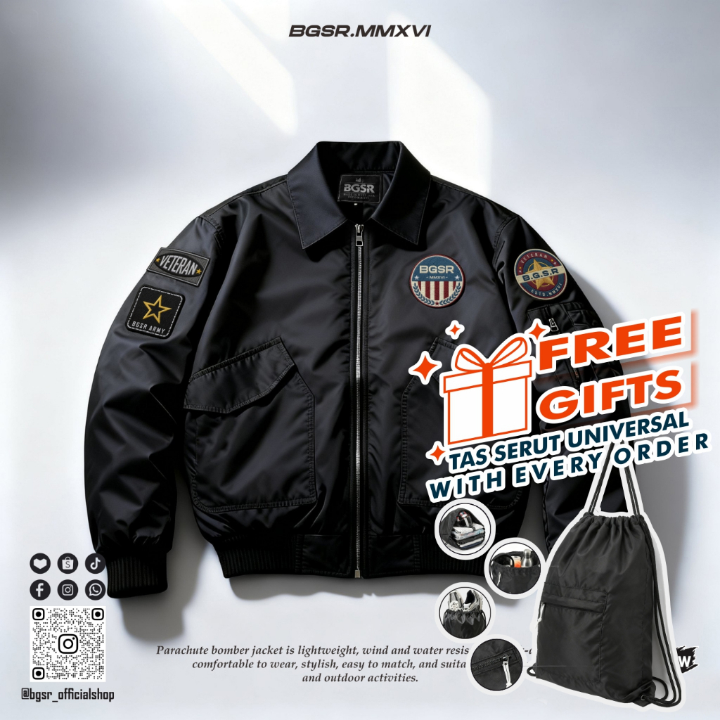 BGSR Bombers Jacket Vetran Parasut Taslan Hitam Premium Bordir Jaket Bomber Pria