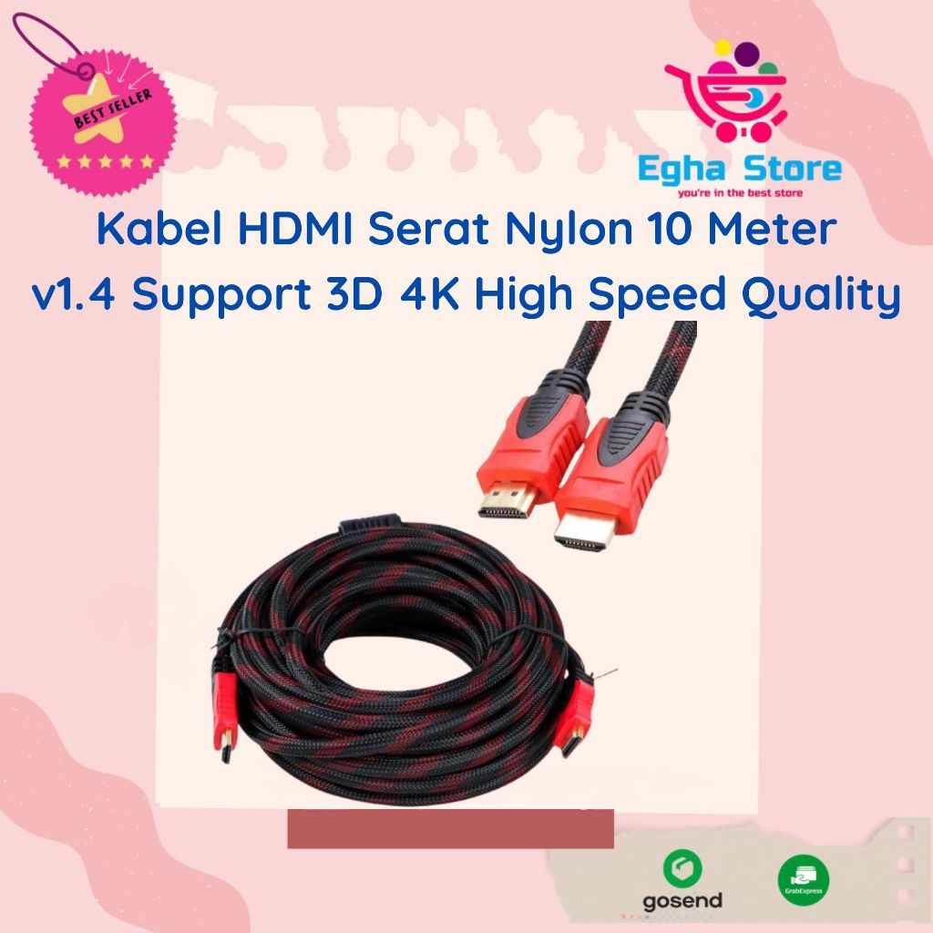 Kabel HDMI 10 Meter Ver 1.4 High Quality Gold Plated Nilon Cable HDTV Serat Nylon AV Male to Male 10