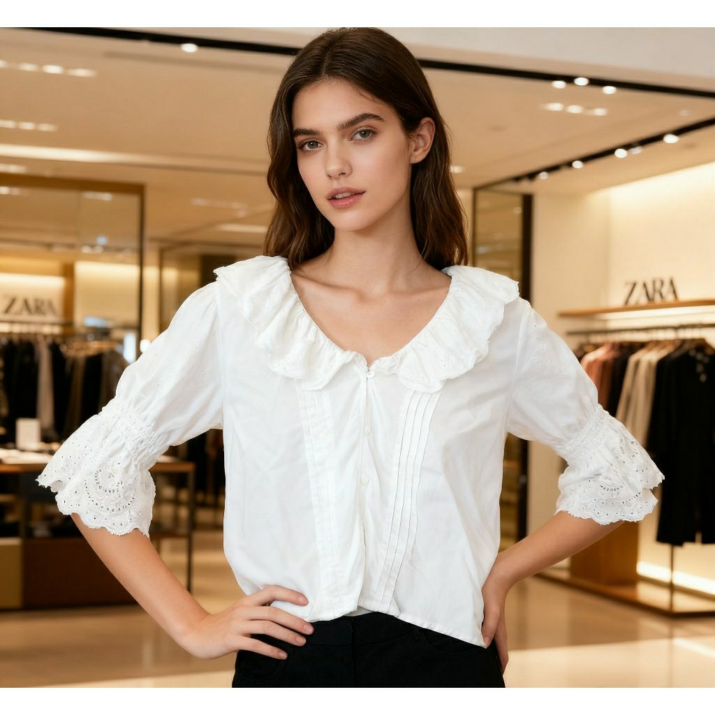(NEW) ZARA WOMAN ATASAN BLOUSE PUTIH CROP SAILOR KATBOL KOREA ORIGINAL