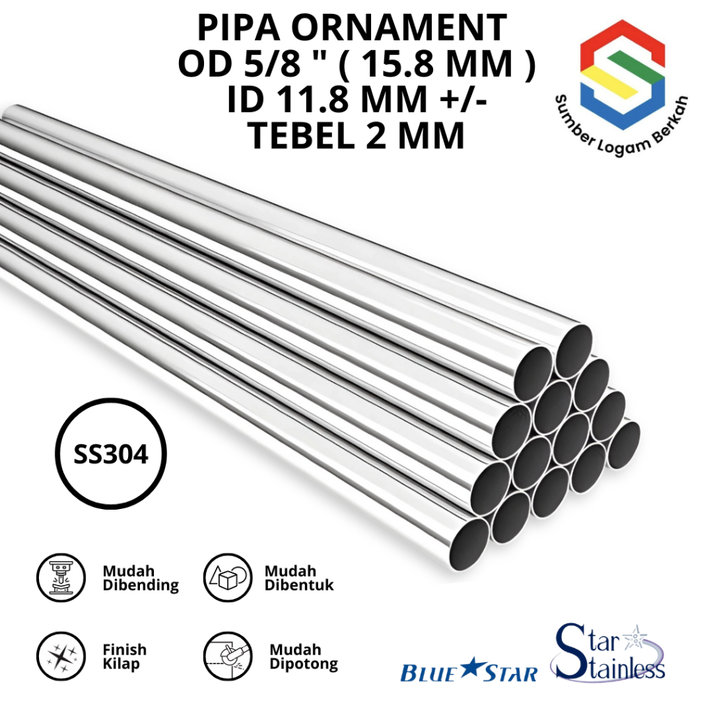 Pipa 5/8 inch ( 15.8 MM ) stainless steel tebel 2 mm 304