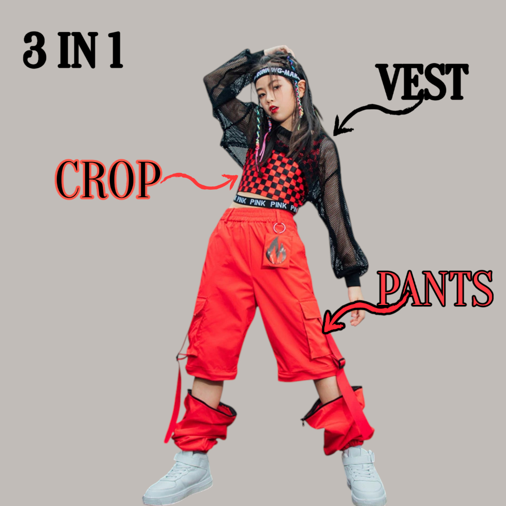 ZIWON Setelan Baju Dance Anak 3in1 Perempuan Style Fashion hip hop Korea untuk anak Usia 3 sampai 14