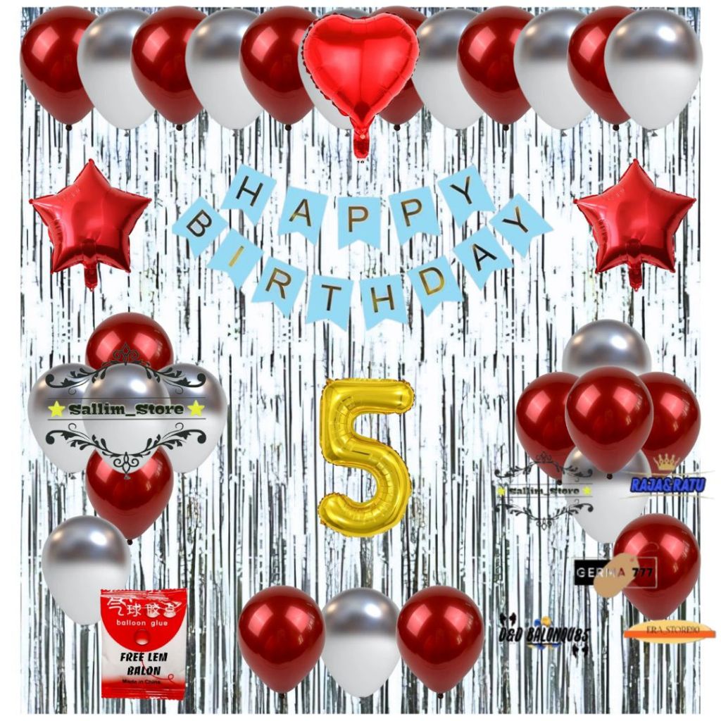 Paket Set Dekorasi Ulang Tahun Anak Dewasa Balon Merah Mix Silver Tirai Foil Silver Ultah Party