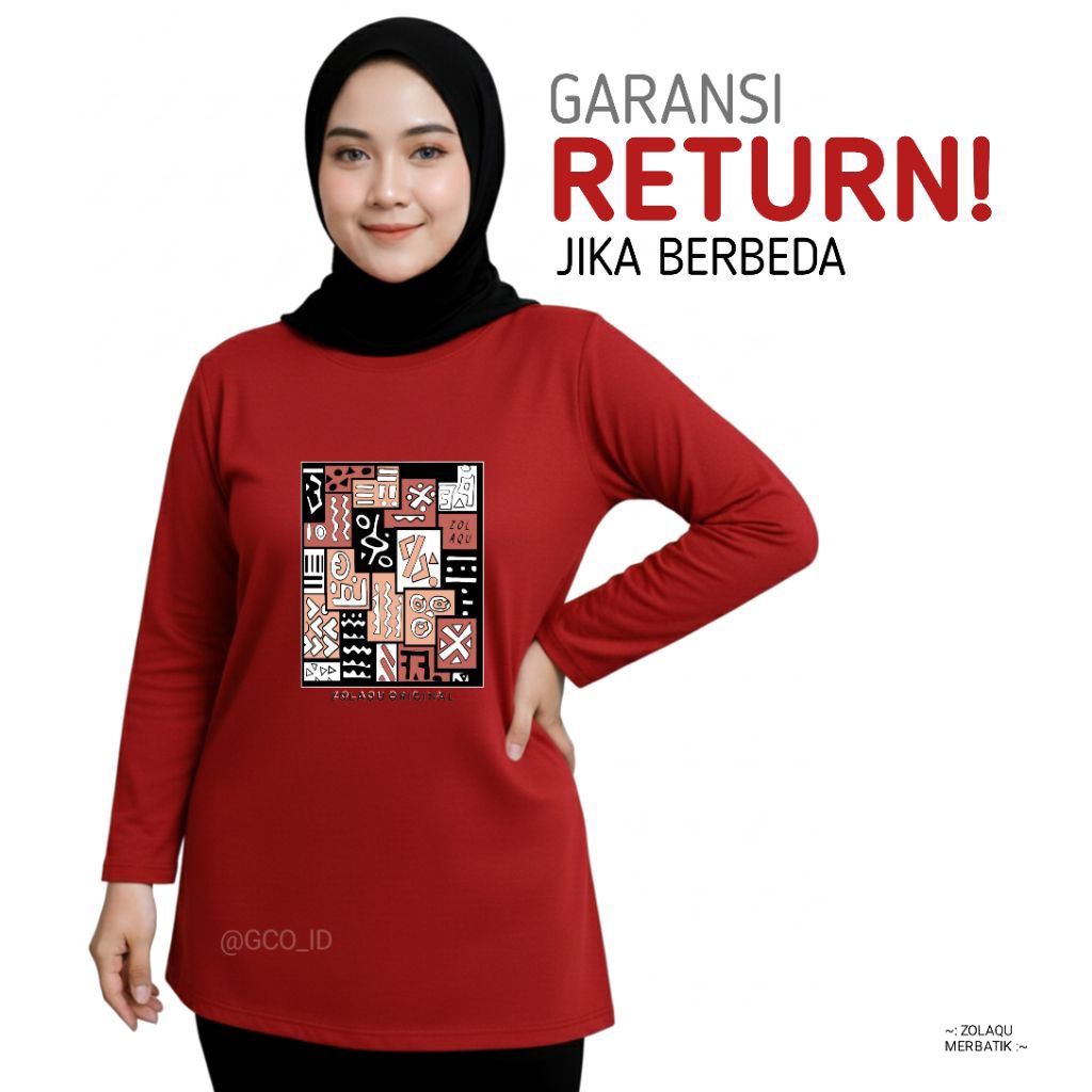 Kaos Harian Nyaman Wanita Lengan Panjang Zolaqu Original Merah Korean Hijab Style Kekinian Tebal Ade