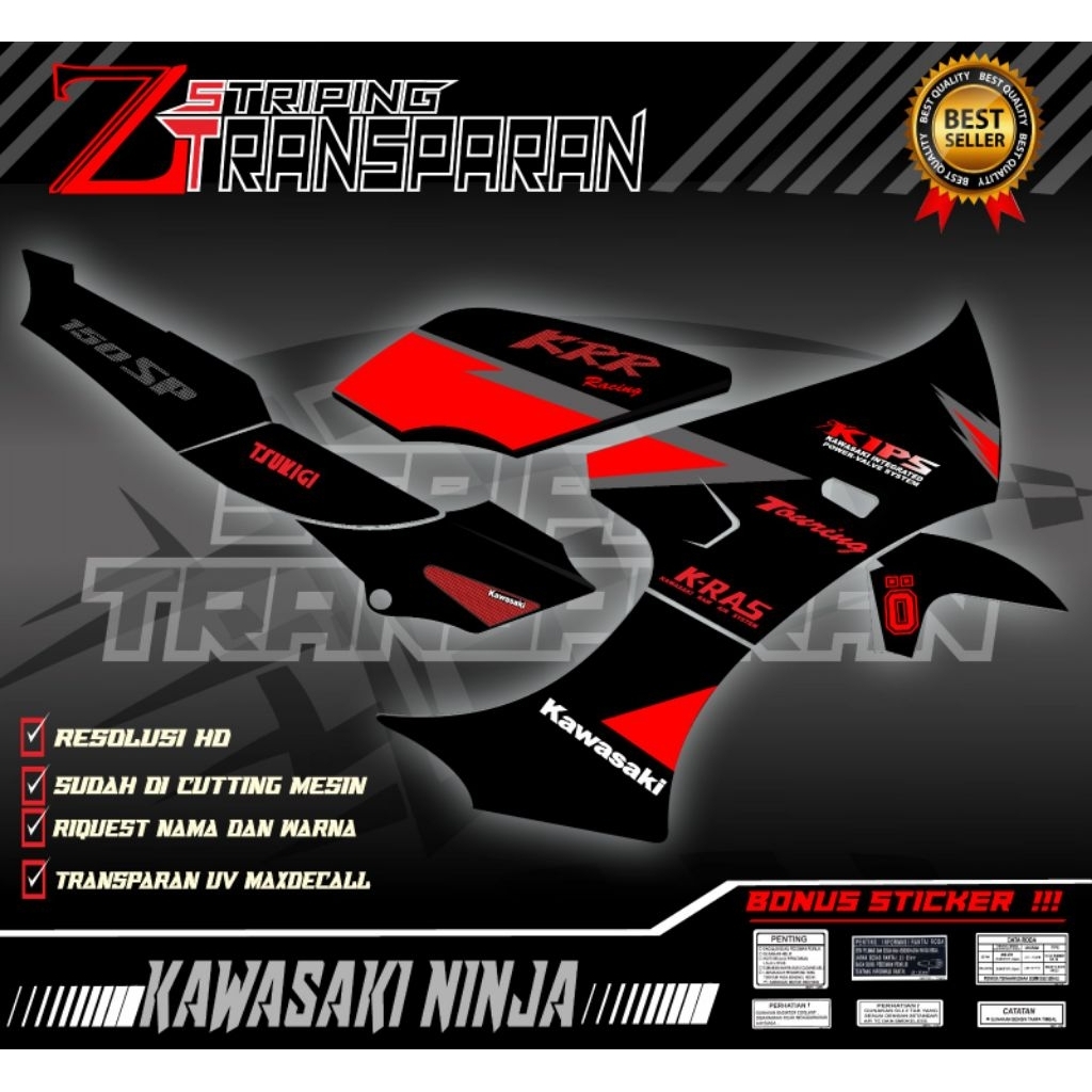 STRIPING VARIASI NINJA KRR SSR BODY HITAM TRANSPARAN KODE HT01 MAXDECAL PREMIUM SUDAH TERCUTTING MES