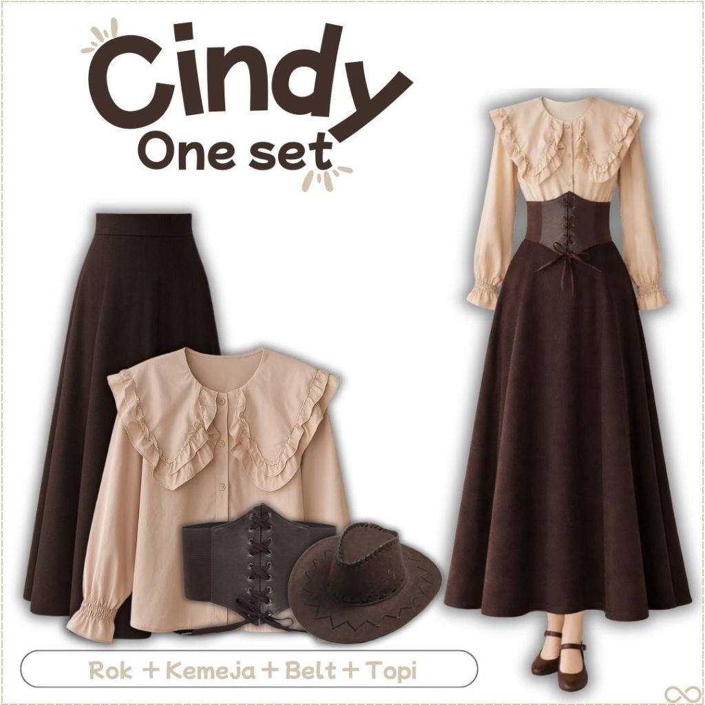 Cindy One Set Vintage Enola Holmes(Kemeja Katun Cream,Rok, Belt Coklat,Topi)OOTD Remaja Cantik-FS106