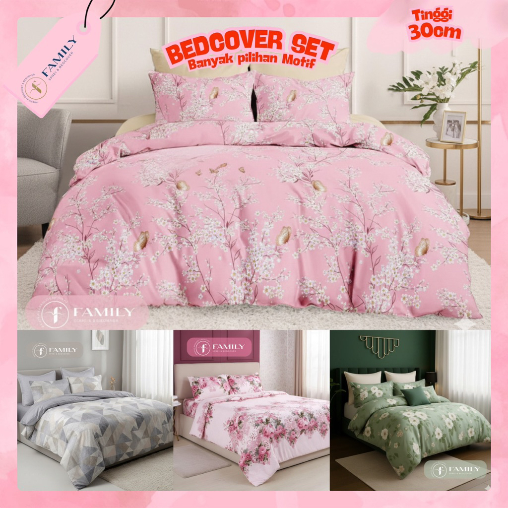 FAMILY | SPREI SET / SPREI AESTHETIC / BEDSHEET / FREE SARUNG BANTAL & SARUNG GULING KATUN MICRO TEN