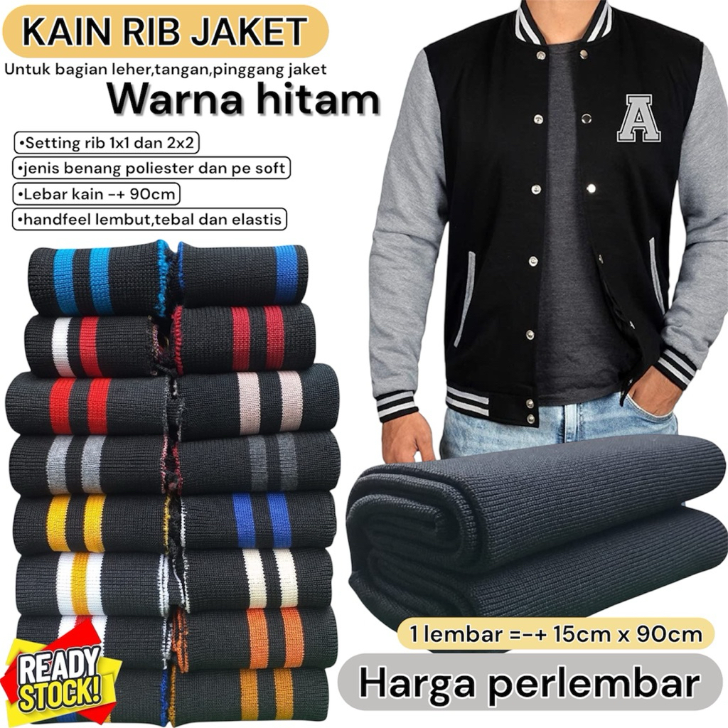 Kain Rib Bur 1x1 / 2x2 warna Hitam polos dan salur Poliester tebal Premium Harga perlembar