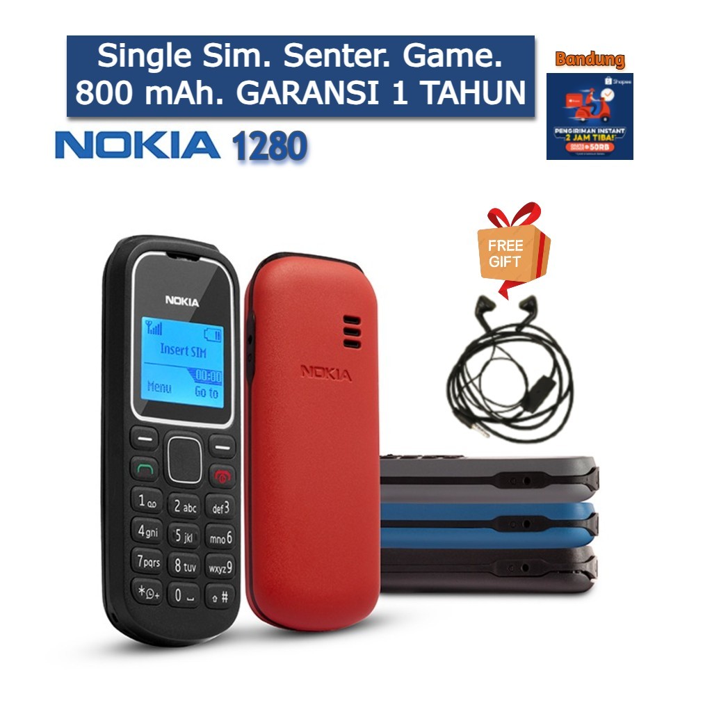 HP NOKIA 1280 BARU GARANSI 1 TAHUN SINGLE SIM SENTER GAME 800 mAh