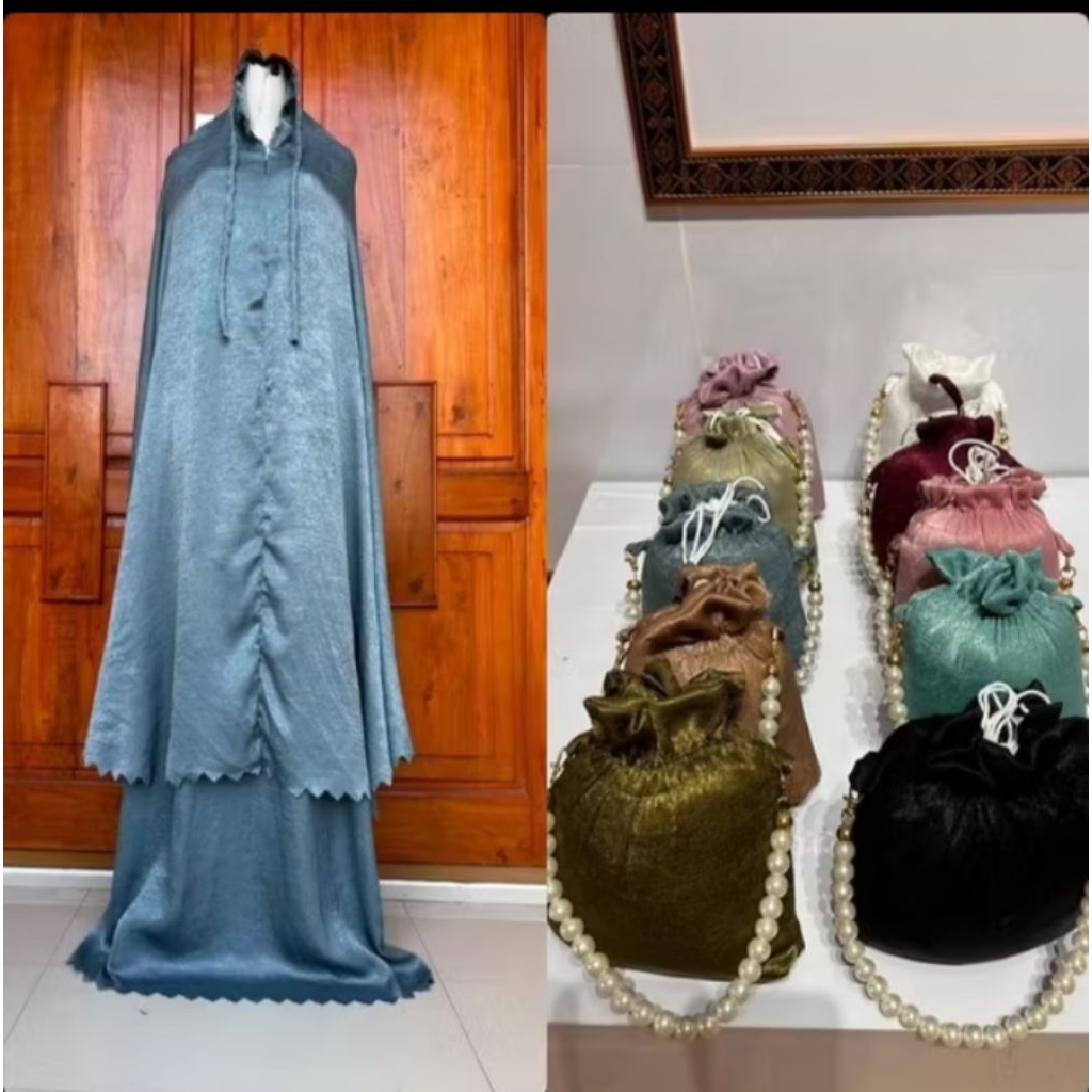 mukena Luxury santorini Lasercut 2in1 resleting dagu/mukena dewasa