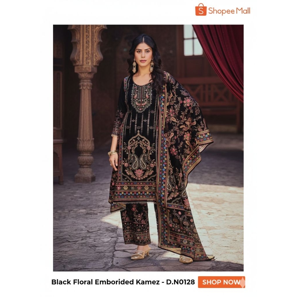 ORI INDIA-Baju India Wanita Original, Lyanz Fashion (LF) Black Floral Embroidered Salwar Kameez, Set