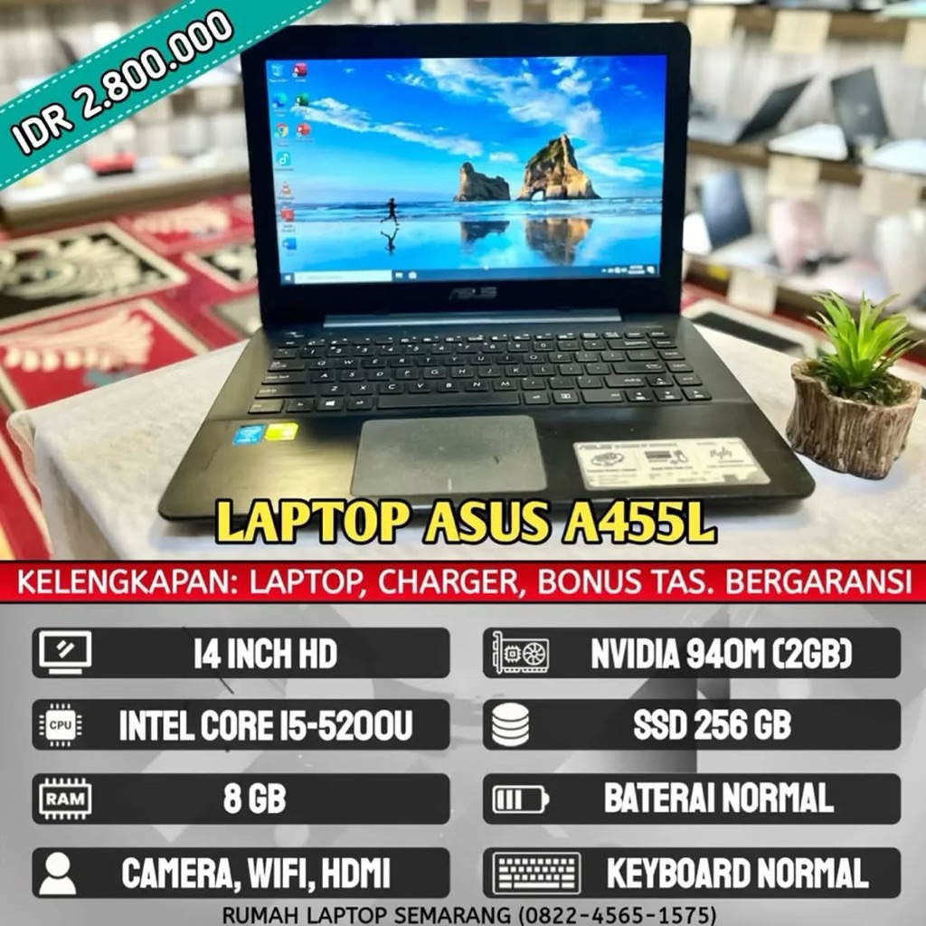 Laptop Asus A455L (second). Intel Core i5-5200U. RAM 8 GB. SSD 256 GB. Vga Nvidia Geforce 930M (2GB)