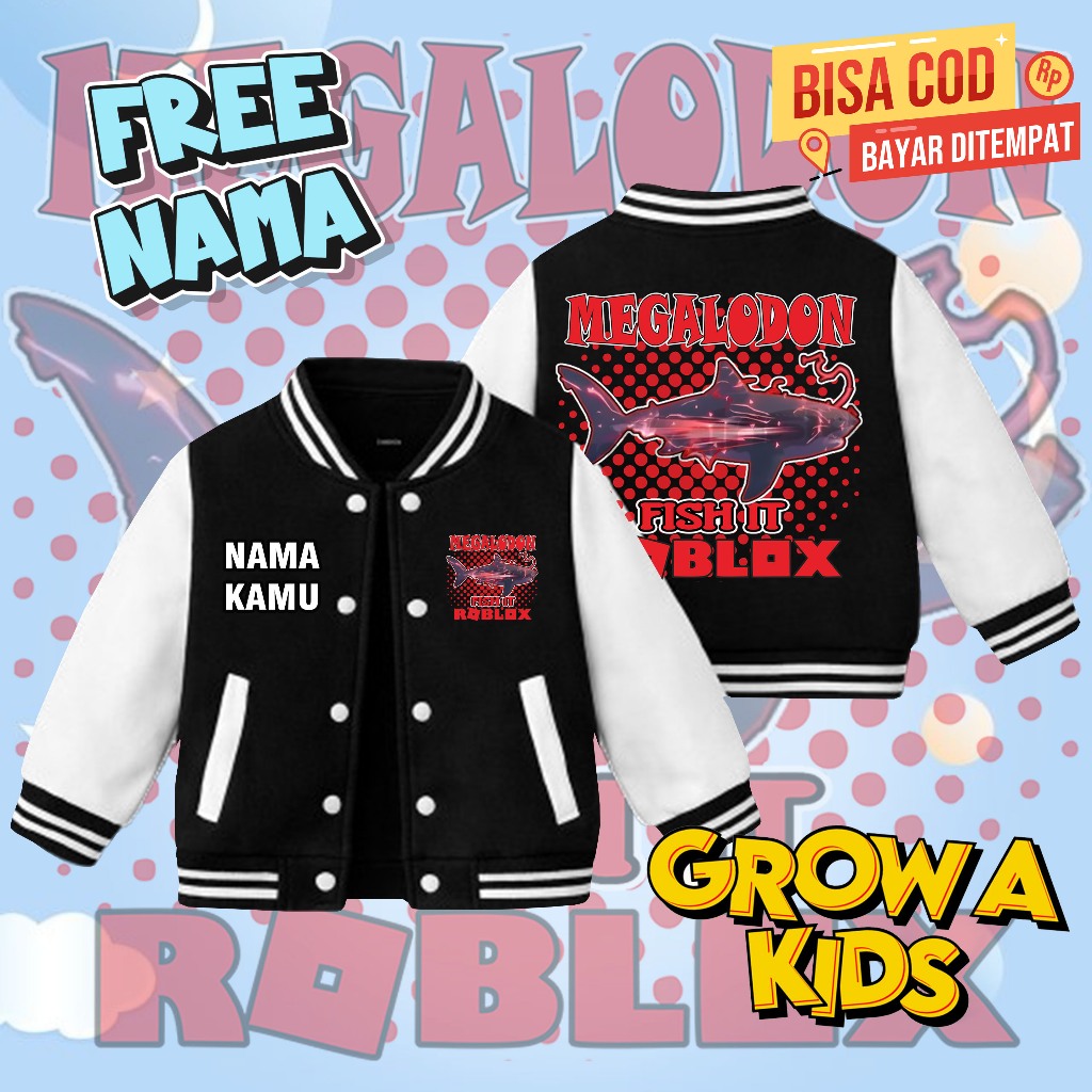 ( BISA COD ) JAKET VARSITY ANAK ROBLOX FISH IT MEGALODON / JAKET BASEBALL ANAK ROBLOX IKAN MEGALODON