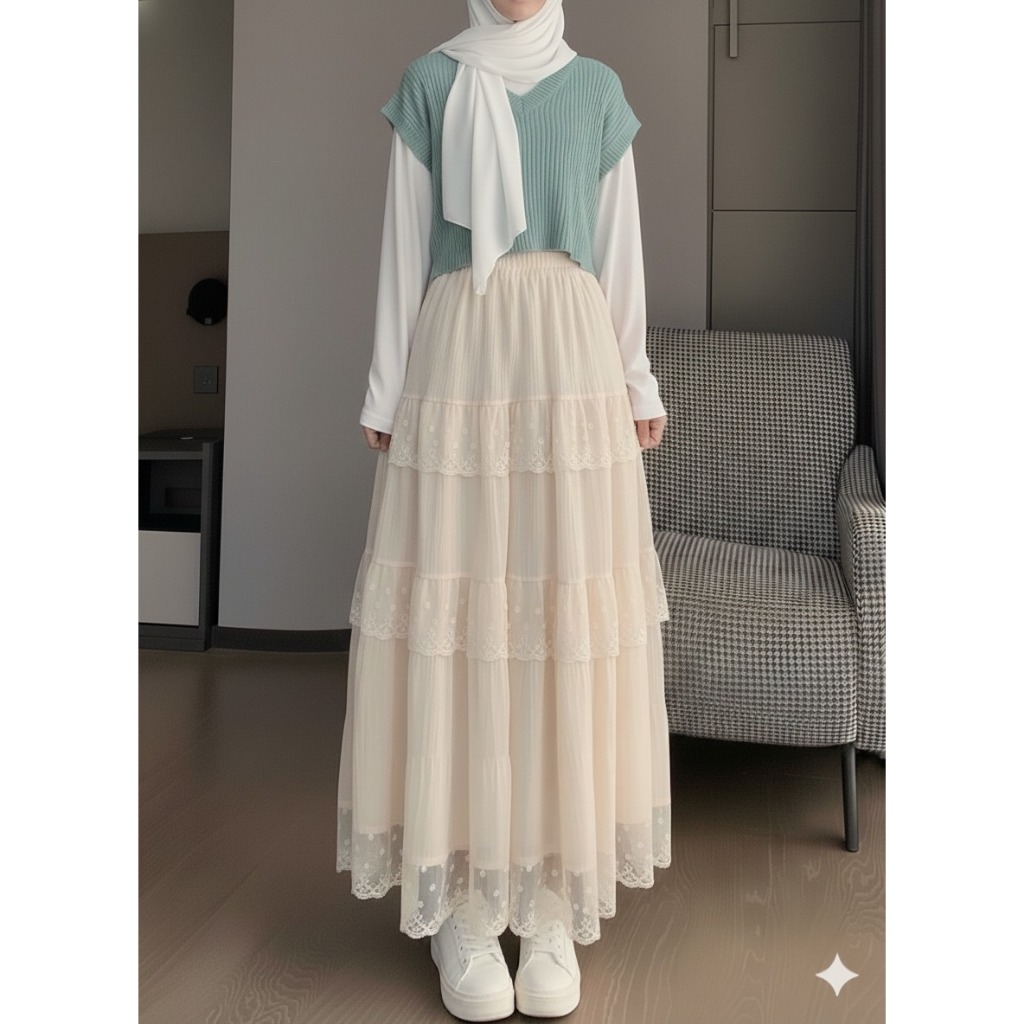 Rok Korean Style Muslim LN ROK RENDA 9911 Bahan Pollycotton LP 64 CM PJ 85 CM Bawahan Rok Wanita Kek