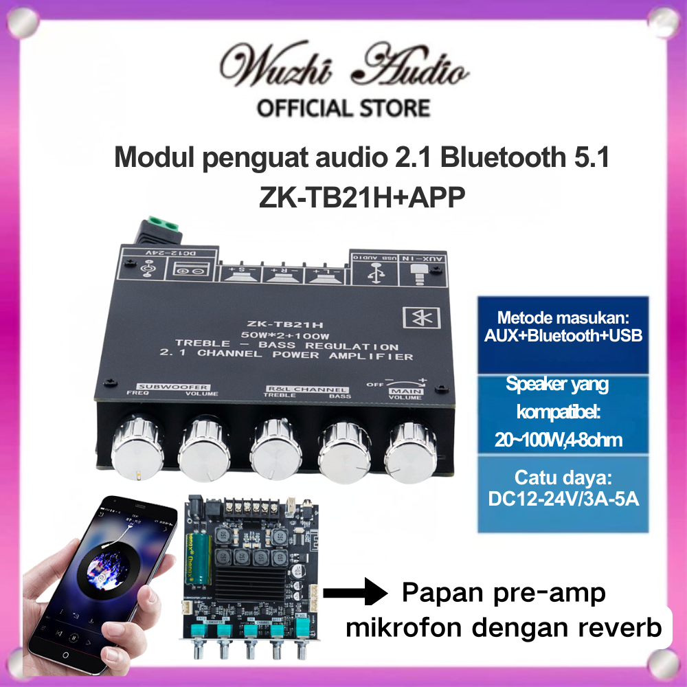 Wuzhi Audio ZK-TB21H Amplifier TPA3116D2 Bluetooth 5.1 Penguat Subwoofer Papan 2.1 channel Amplifier