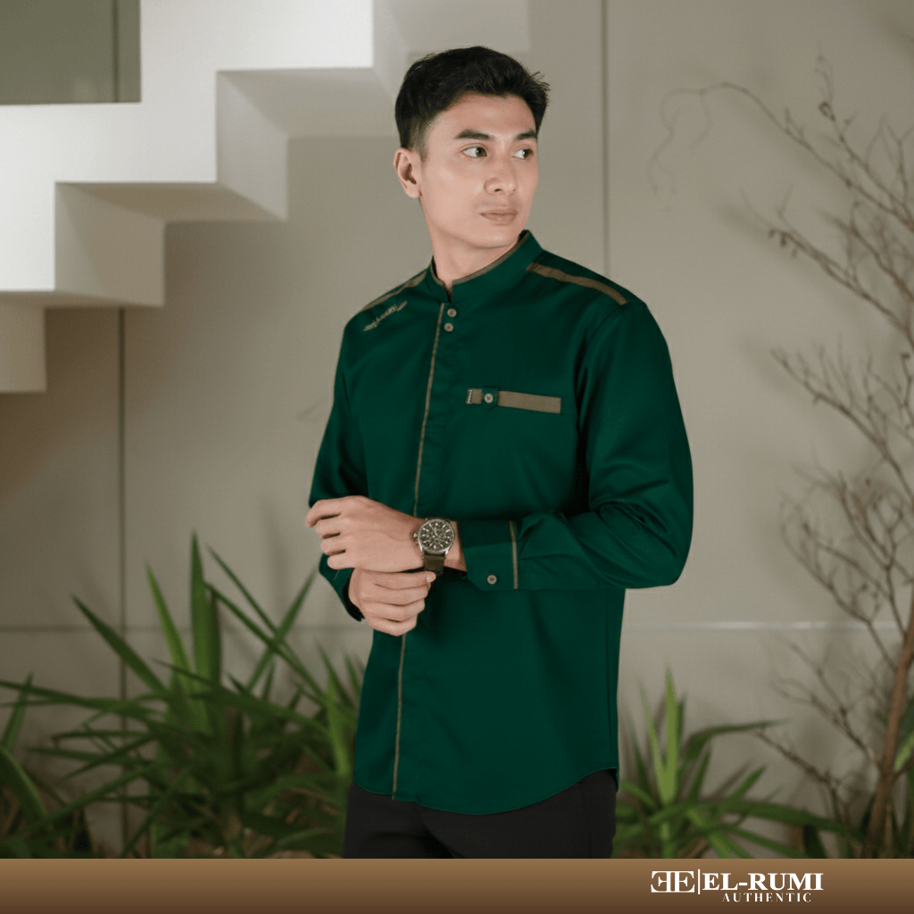 Baju Koko Pria Lengan Panjang Polos Motif Yisunsin Warna Hijau Original Elrumi