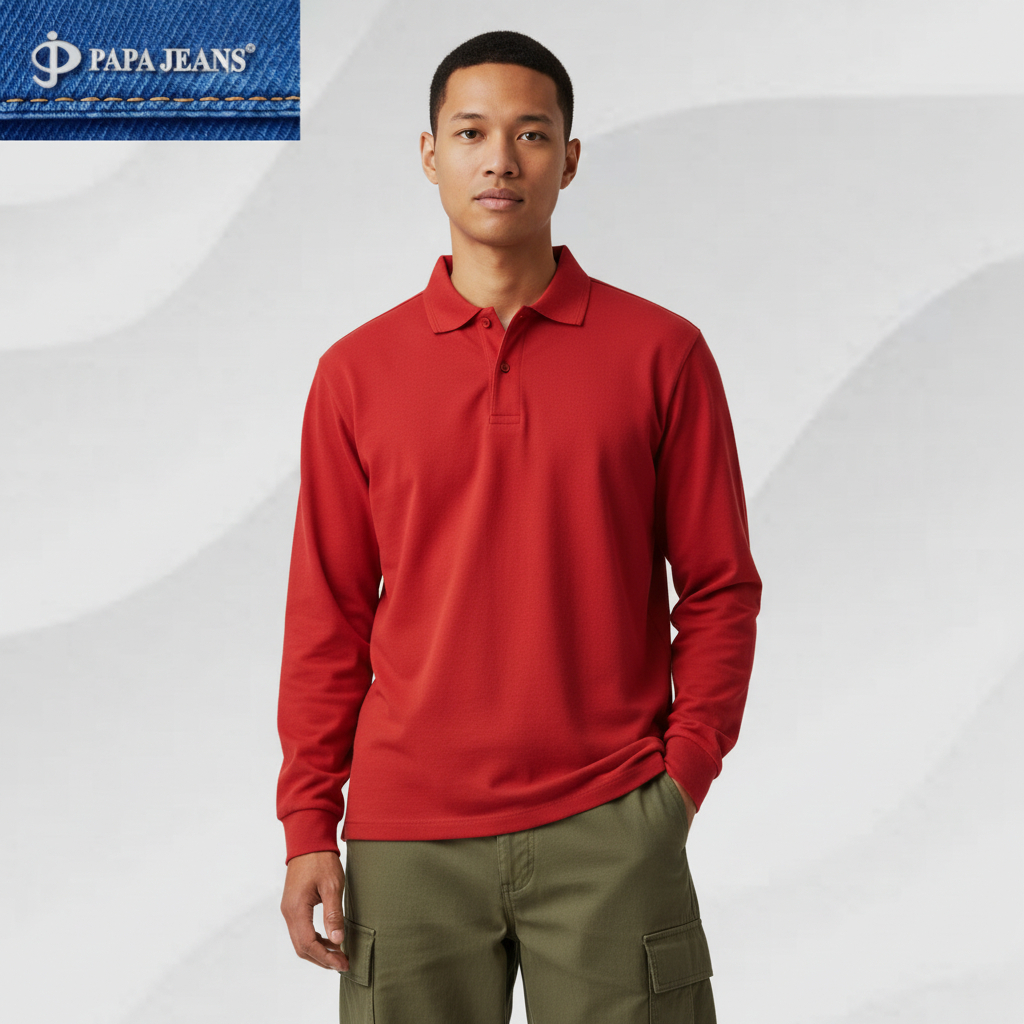 Papa Jeans Kaos Kerah Polo Shirt Lengan Panjang Merah