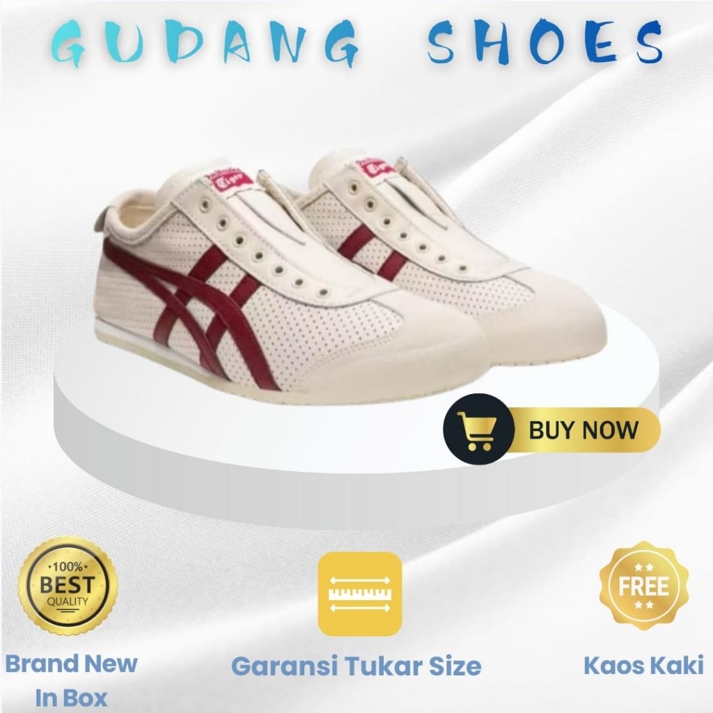 Sepatu Slip On Onitsuka Tiger Mexico 66 Leather Maroon Sneakers Shoes