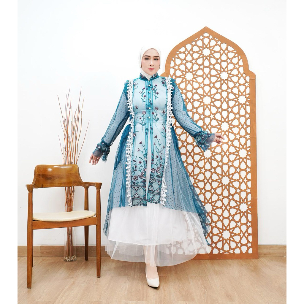 Edisi ramadhan - One set Viony outer tunik + inner + rok tutu 3in1 - cardigan brokat tulle bordir pr