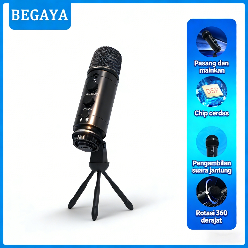 BEGAYA Mic Condenser Kabel 1.5M US37 Black Plug & Play For PC HP Live Streaming Karaoke Original