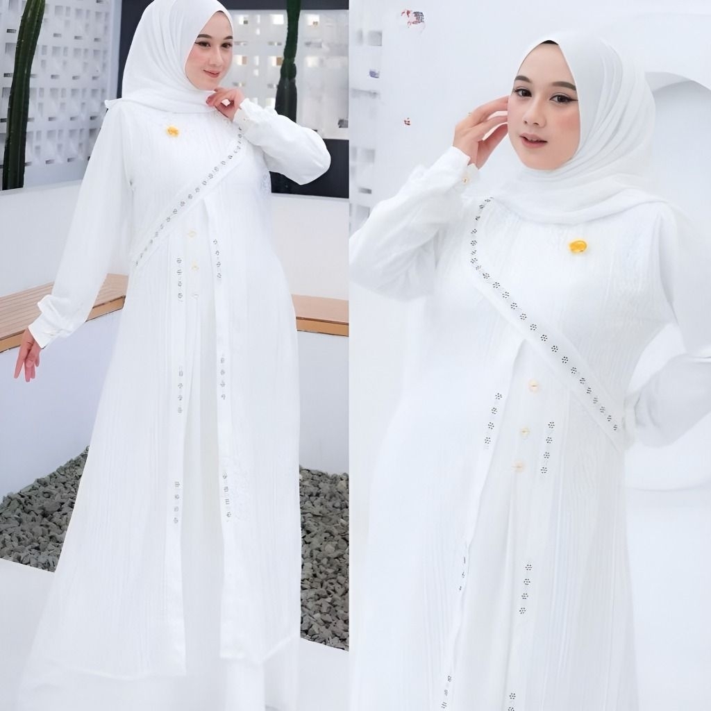 ZILFA - (Free Pashmina) Gamis Dress Crinkle Brukat Wanita Elegan Mewah Busui lengan kancing friendly
