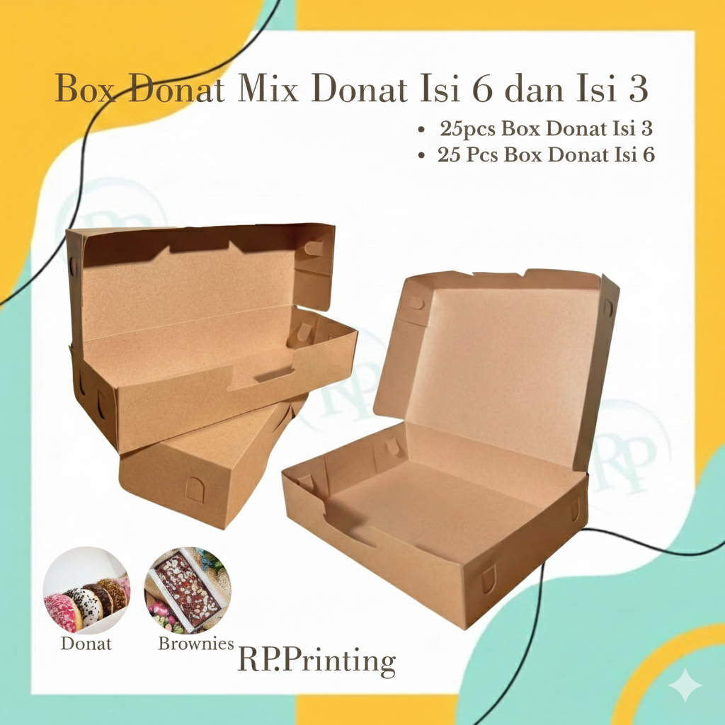 Box Donat Mix 2 Ukuran (Donat Isi 3 dan Donat Isi 6) Bahan Kraft Dan Sudah Berlaminasi Isi 50pcs(mas