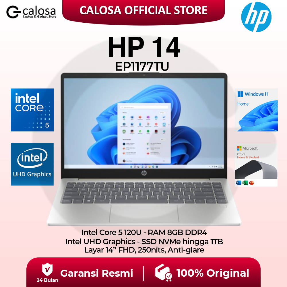 LAPTOP HP 14 - ep1177TU INTEL CORE 5-120U RAM 8GB SSD 512GB 14Inch WIN 11 +OHS 2024 +M365