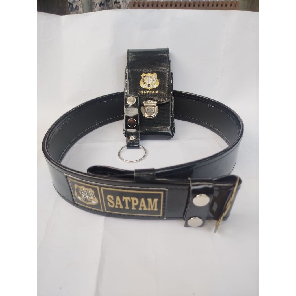 PAKET ATRIBUT SATPAM LOGO KUNING : SABUK KOPEL, SARUNG HANPHONE,DAN RING TONGKAT BESI