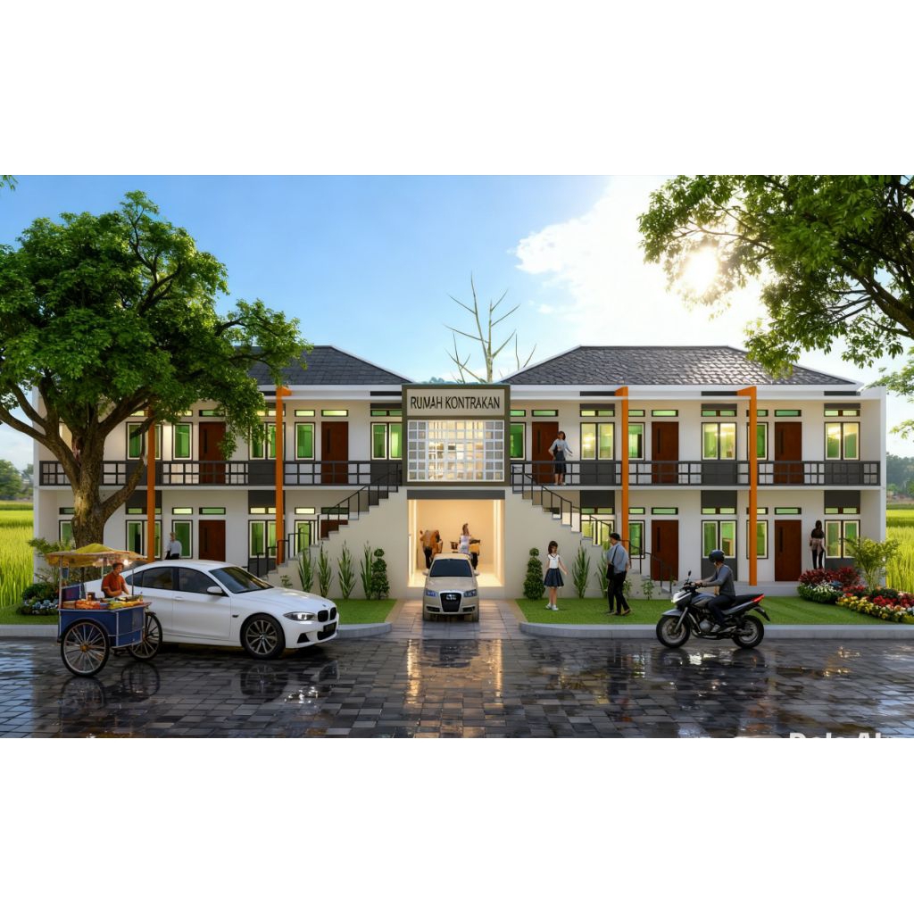 paket desain 3d eksterior, desain kontrakan 2 lantai dilahan 15x27,12 pintu.jasa desain rumah, jasa 