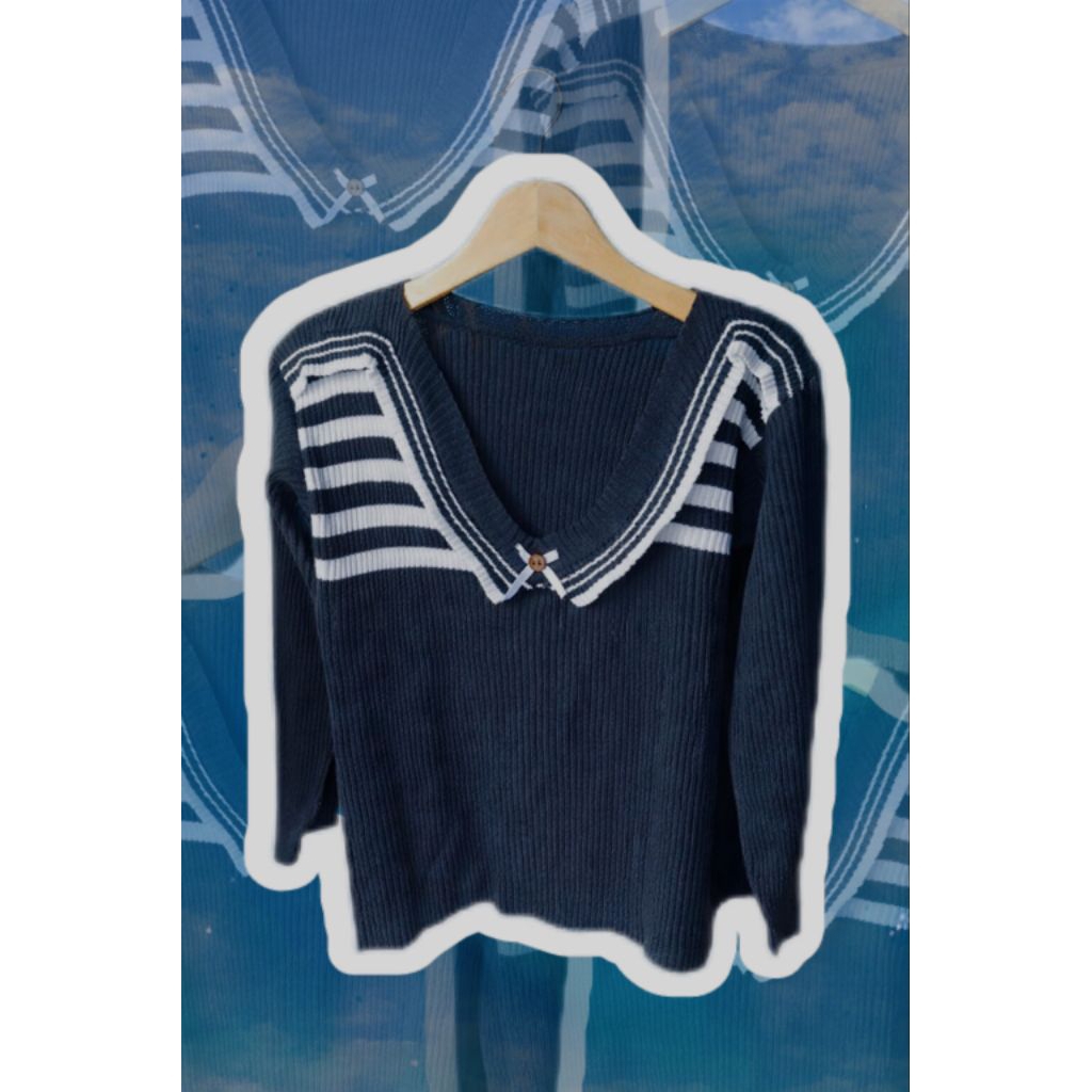 Baju atasan rajut wanita kerah sailor motif garis putih pita depan