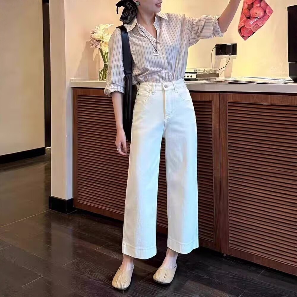 (S-7XL)Celana jeans wanita pinggang tinggi retro celana panjang longgar lurus celana jeans