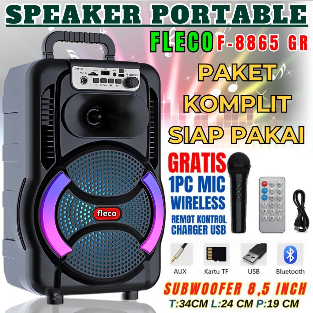 Speaker Bluetooth Full Bass Fleco F-8865 GR Free Mic Wireless + Remote | Speaker Super Bass | Salon 