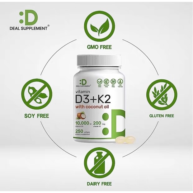 DEAL SUPPLEMENT Vitamin D3 5000 10000 IU + K2 MK7 100 200 mcg with VCO 250 Softgels