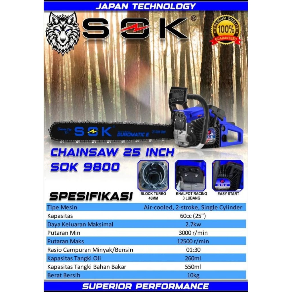 SOK 9800 - CHAINSAW GERGAJI KAYU POHON SOK 9800 BAR BAJA LASER 25" 42T