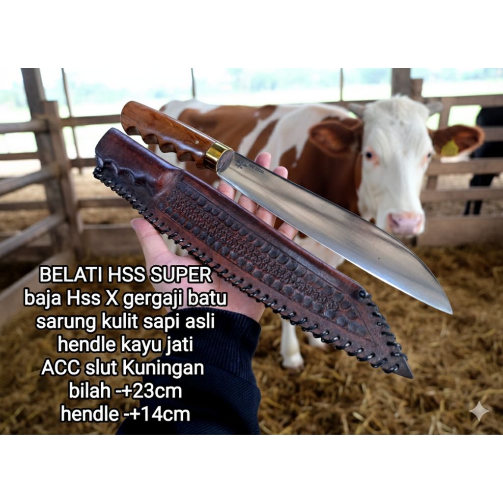 Pisau sembelih Hss 9inc super sarung kulit sapi, pisau daging serbaguna