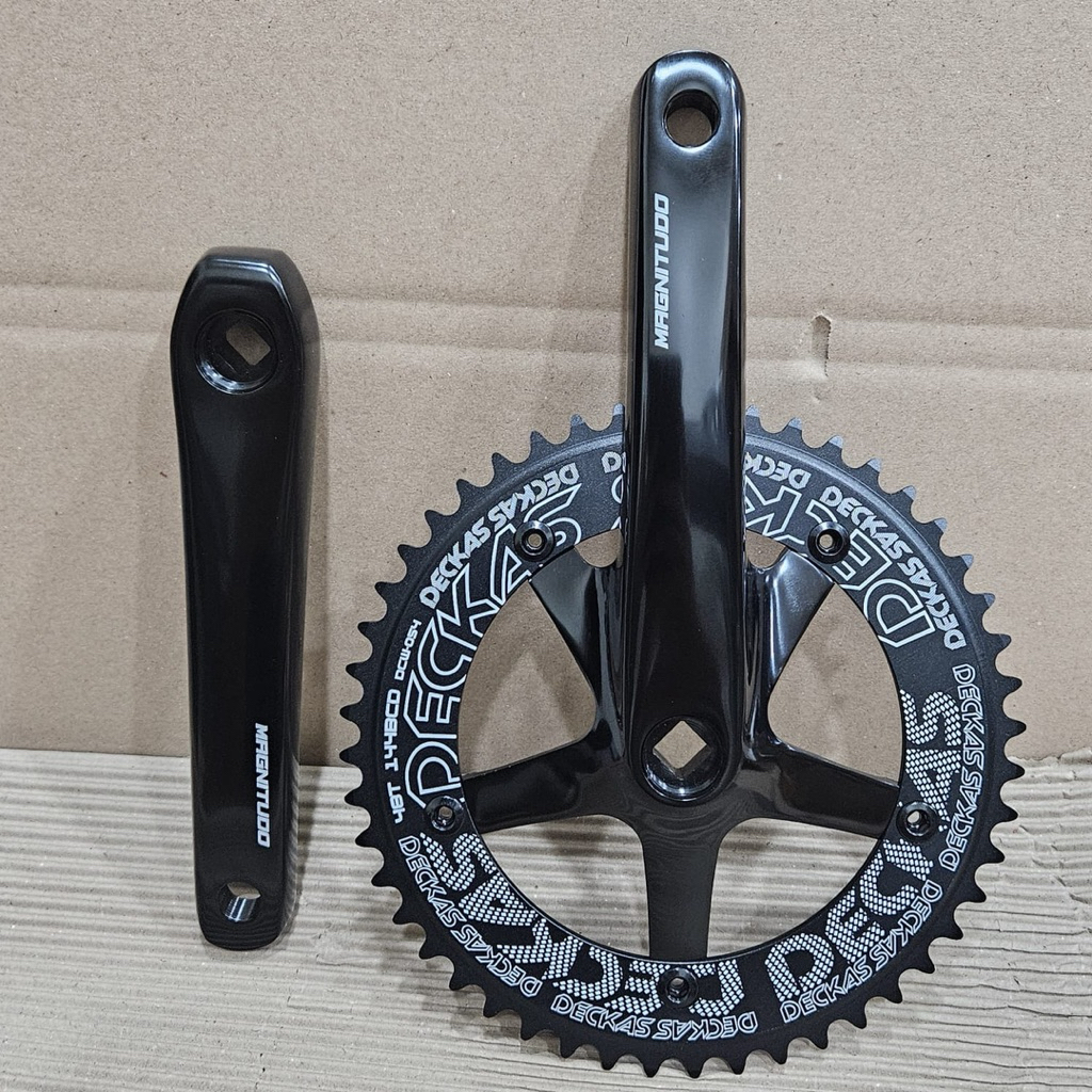 Crank Arm MAGNITUDO Hitam Glossy Chainring DECKAS 48T BCD144 Panjang 170mm